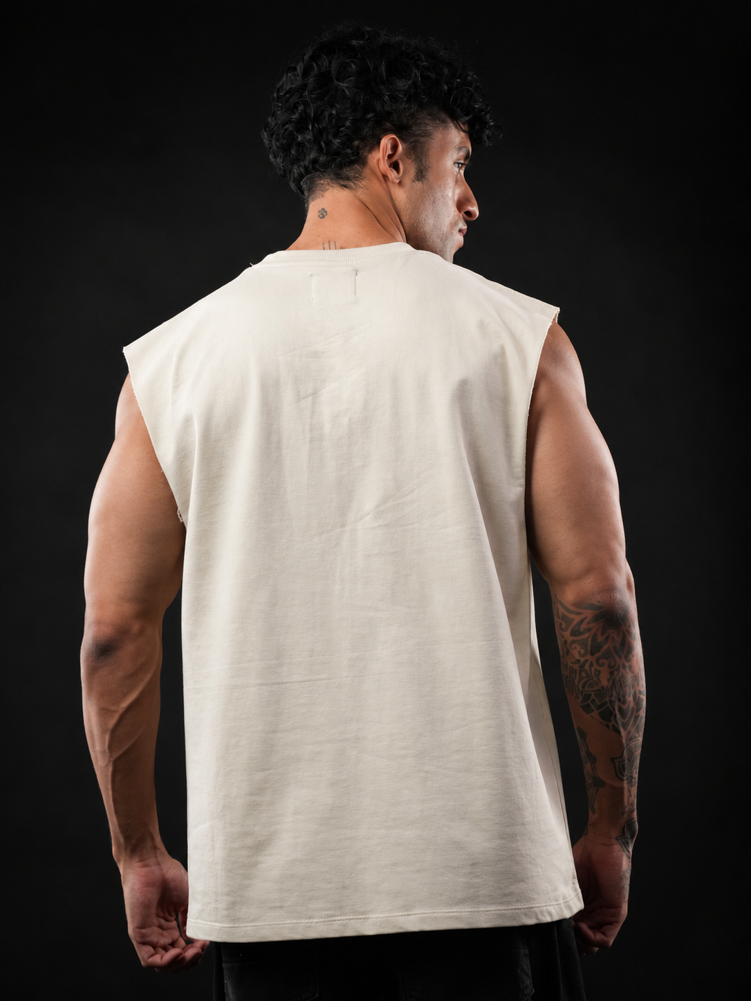 Beige Solid Sleeveless Oversized Cotton Tank Tshirt