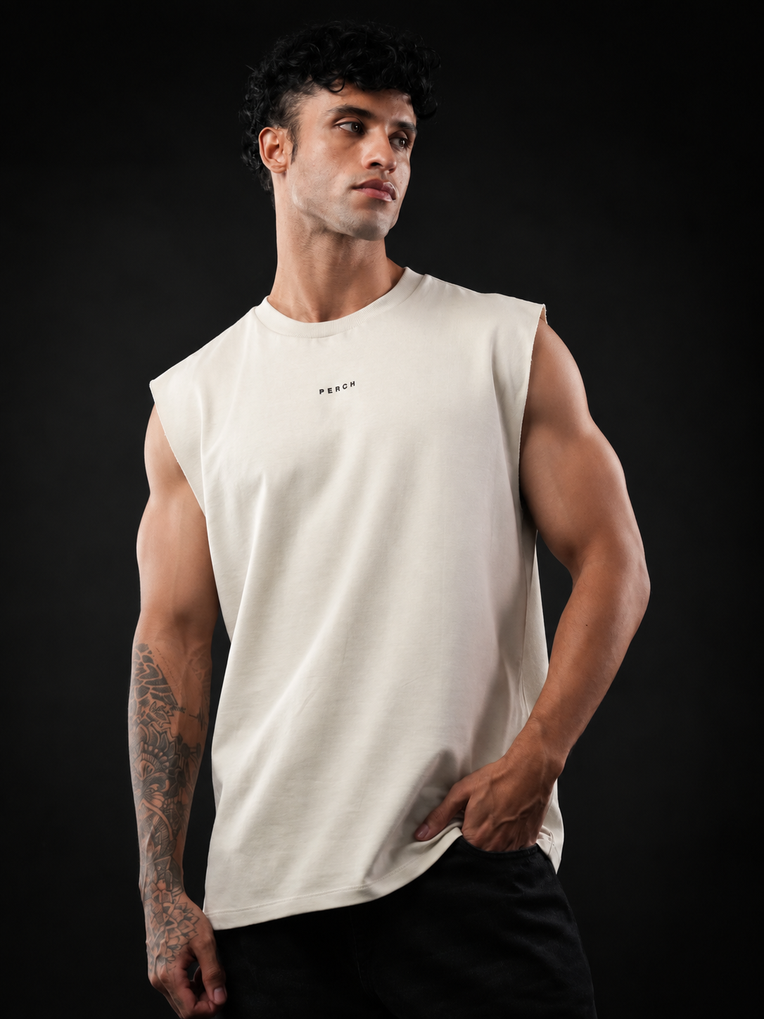 Beige Solid Sleeveless Oversized Cotton Tank Tshirt