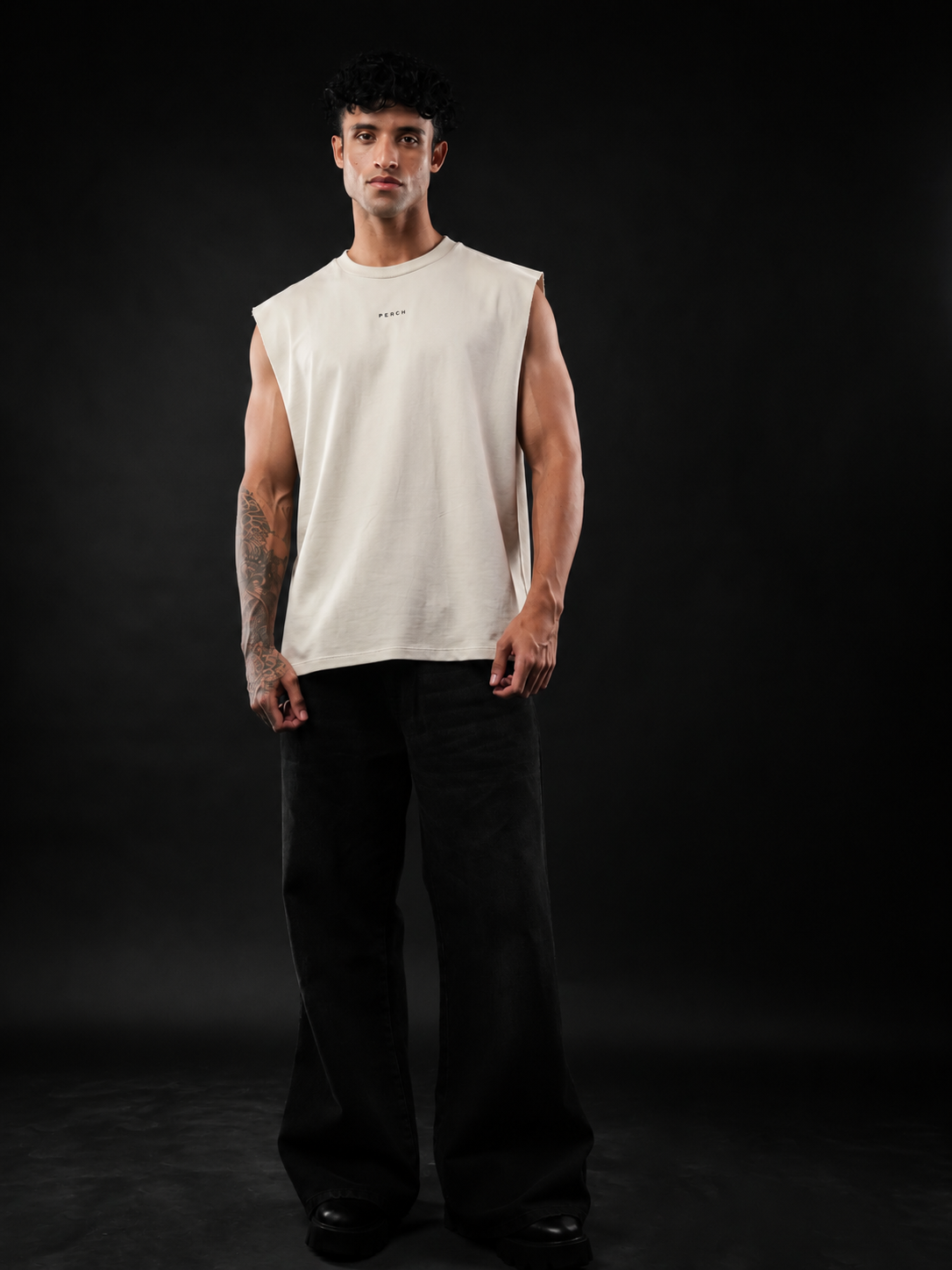 Beige Solid Sleeveless Oversized Cotton Tank Tshirt