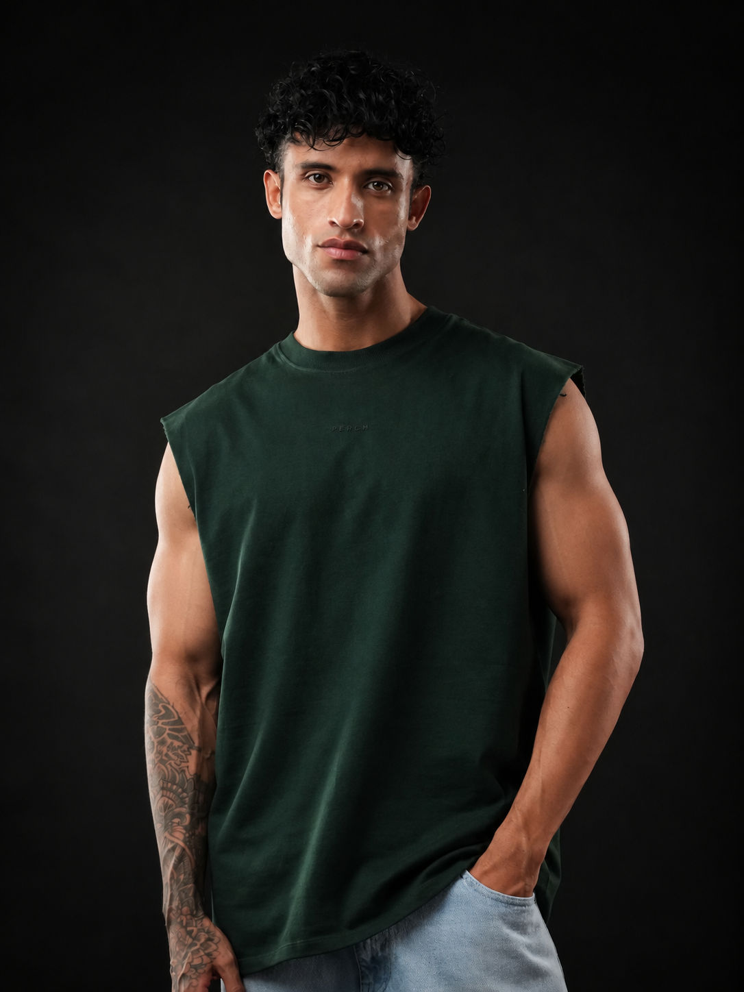 Bottle Green Solid Sleeveless Oversized Cotton Tank Tshirt