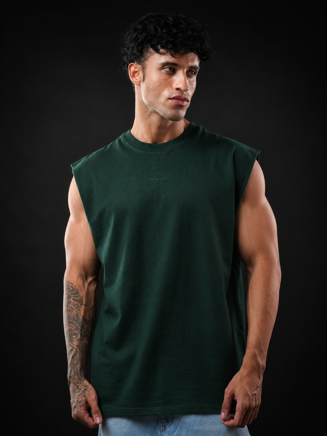 Bottle Green Solid Sleeveless Oversized Cotton Tank Tshirt