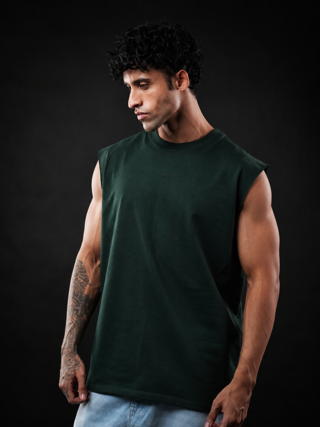 Bottle Green Solid Sleeveless Oversized Cotton Tank Tshirt