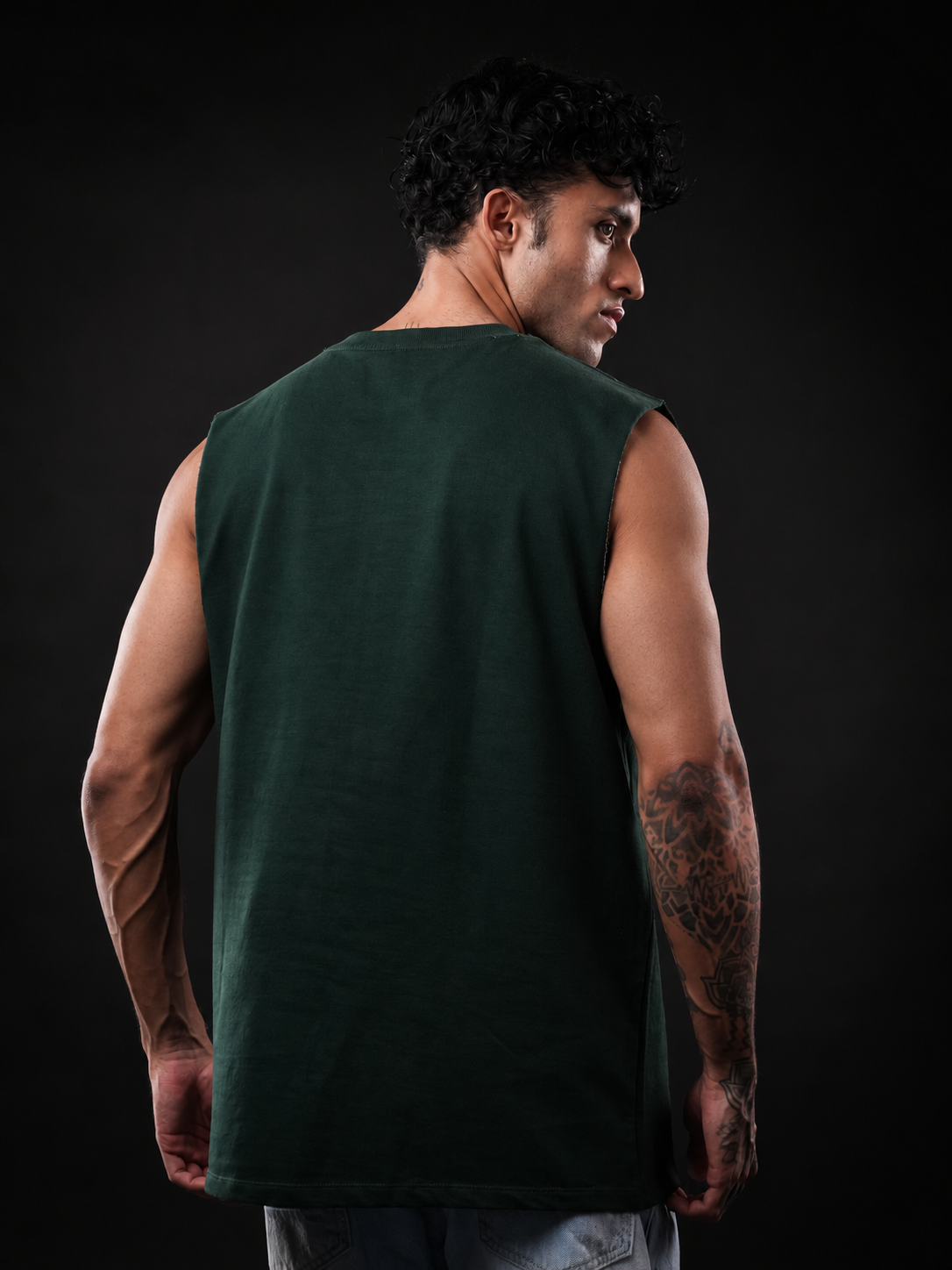 Bottle Green Solid Sleeveless Oversized Cotton Tank Tshirt