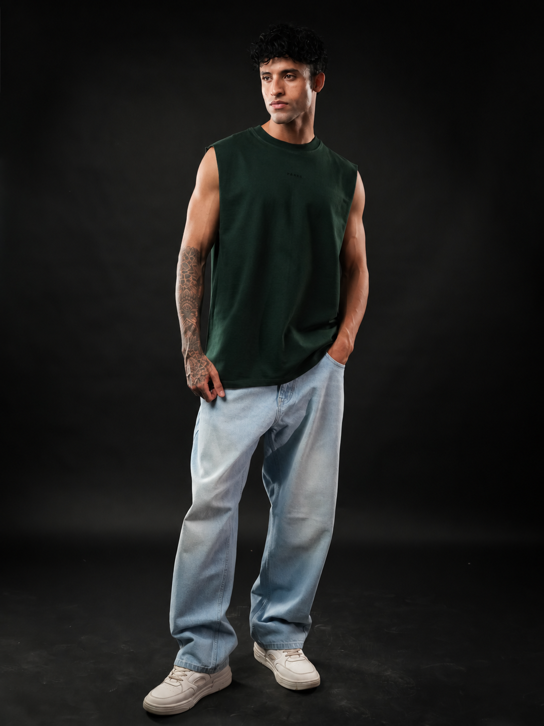 Bottle Green Solid Sleeveless Oversized Cotton Tank Tshirt