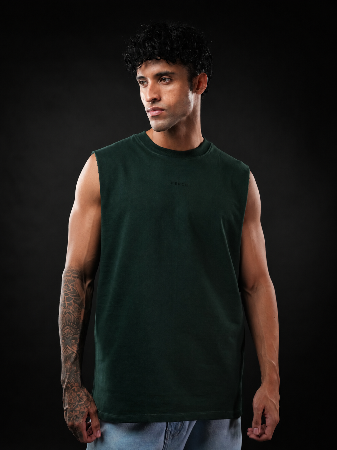 Bottle Green Solid Sleeveless Oversized Cotton Tank Tshirt