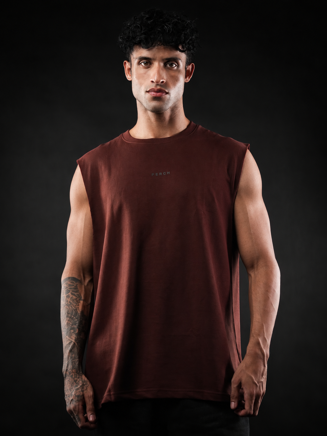 Brown Solid Sleeveless Oversized Cotton Tank Tshirt