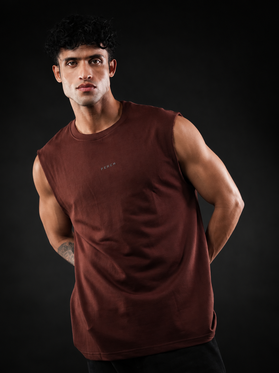 Brown Solid Sleeveless Oversized Cotton Tank Tshirt
