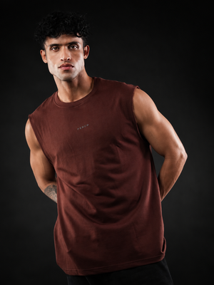 Brown Solid Sleeveless Oversized Cotton Tank Tshirt