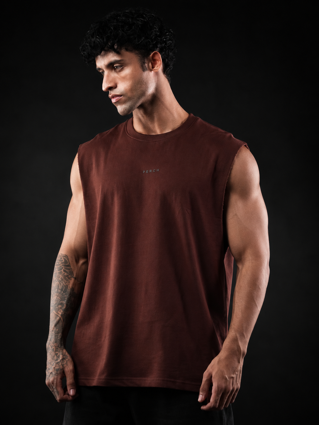 Brown Solid Sleeveless Oversized Cotton Tank Tshirt