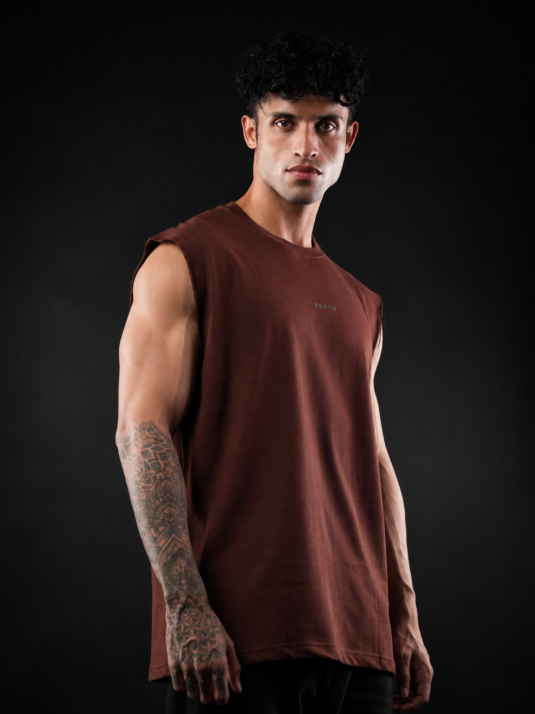 Brown Solid Sleeveless Oversized Cotton Tank Tshirt