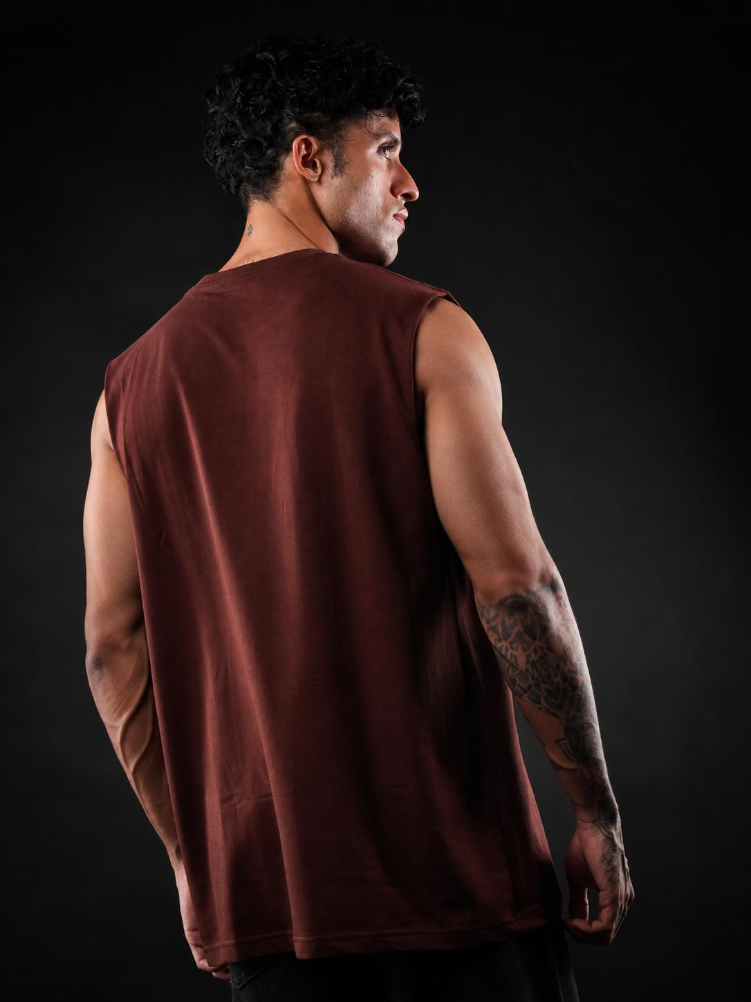 Brown Solid Sleeveless Oversized Cotton Tank Tshirt