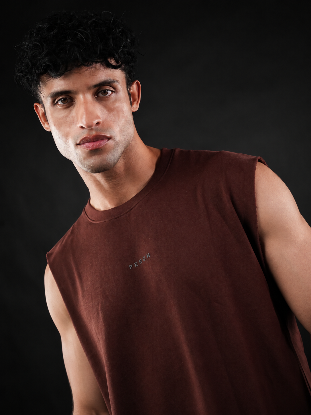 Brown Solid Sleeveless Oversized Cotton Tank Tshirt