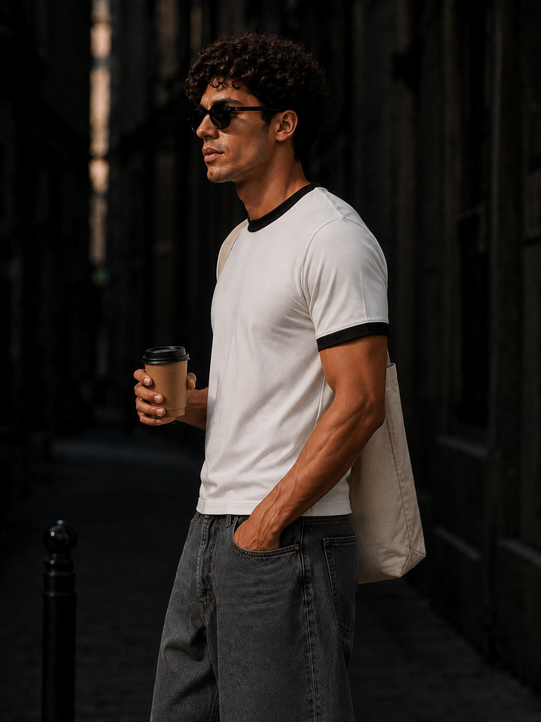 White And Black Cotton Half Sleeve Regular Fit Ringer Tshirt