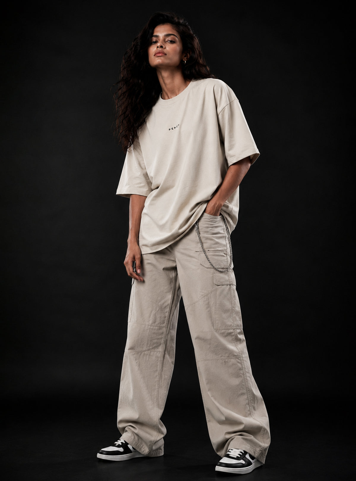 Beige Solid Oversized Tshirt