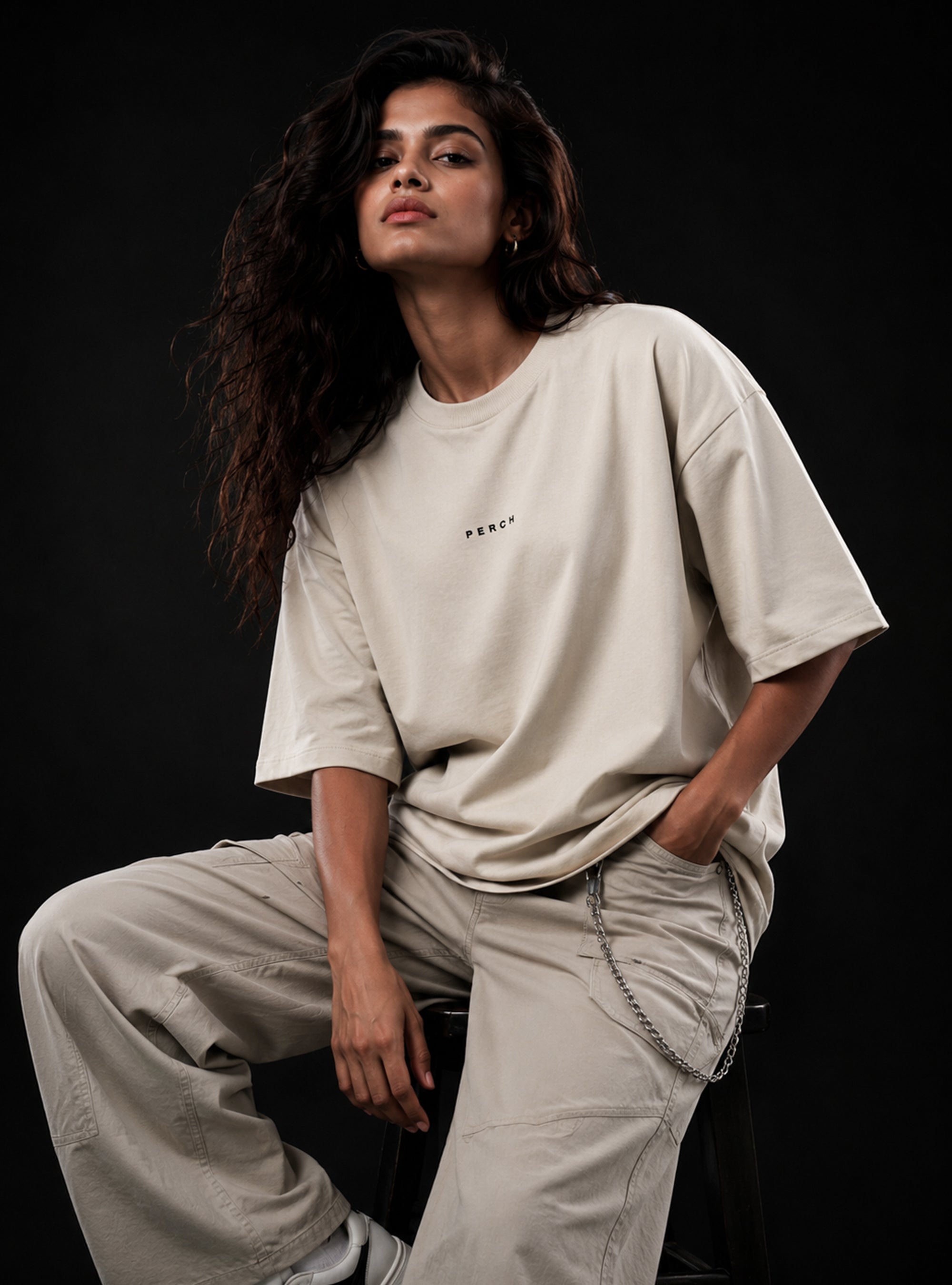 Beige Solid Oversized Tshirt