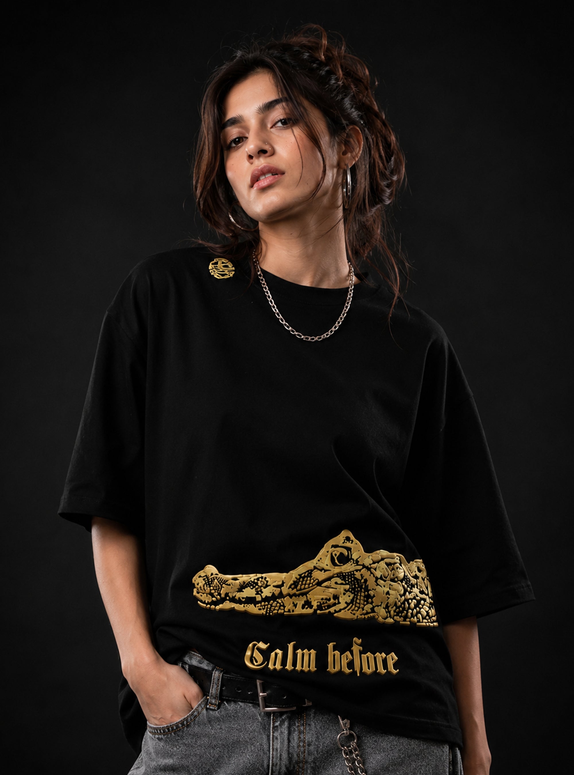 Black Crocodile Print Oversized Tshirt