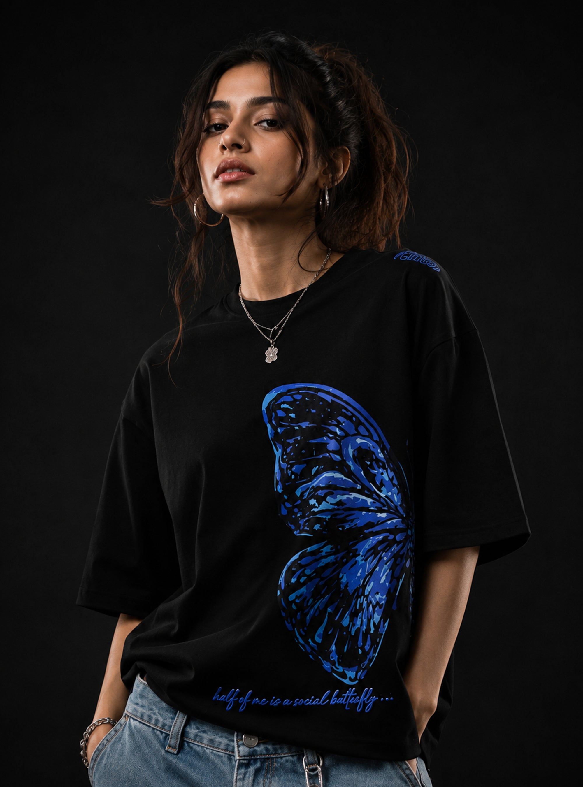 Black Butterfly Print Oversized Tshirt