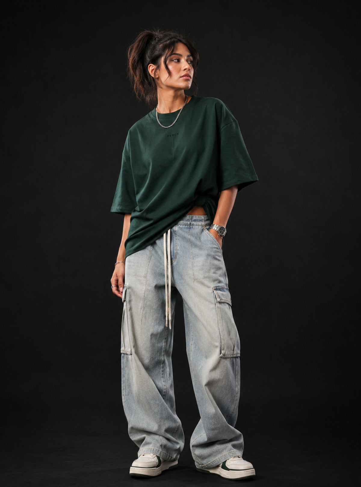 Bottle Green Solid Oversized Tshirt