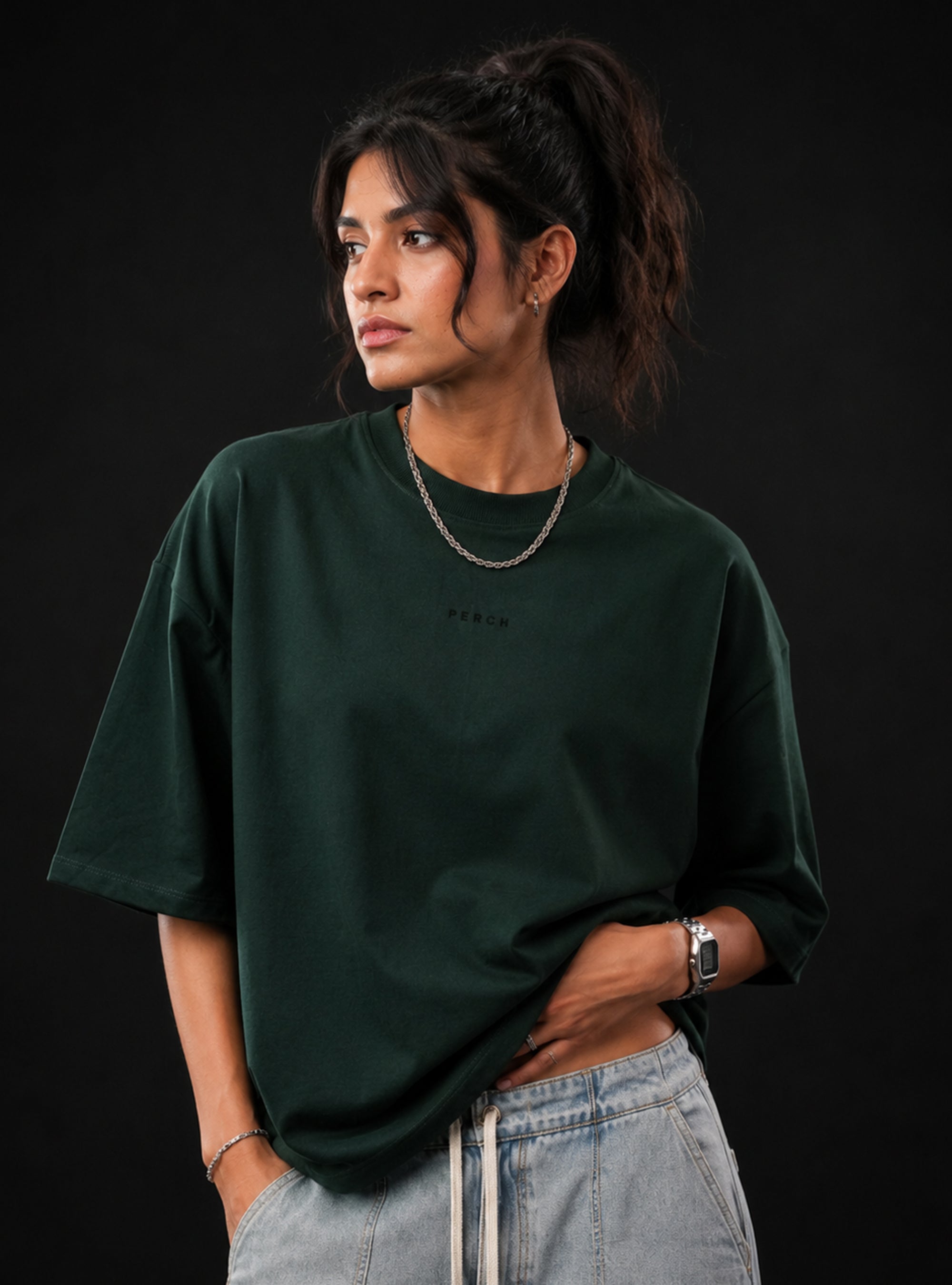 Bottle Green Solid Oversized Tshirt