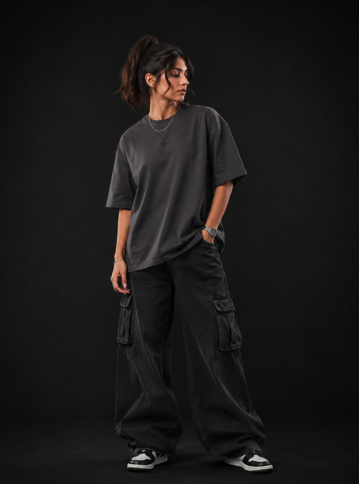 Dark Grey Solid Oversized Tshirt