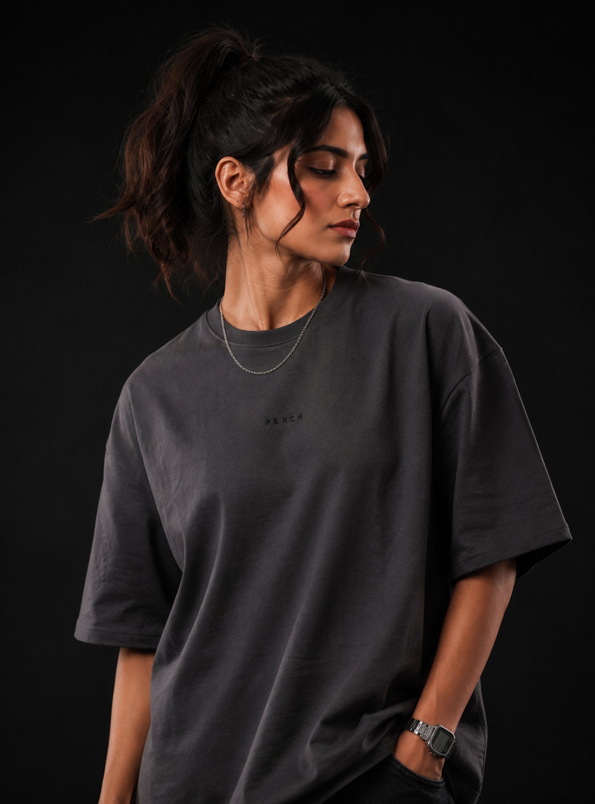 Dark Grey Solid Oversized Tshirt