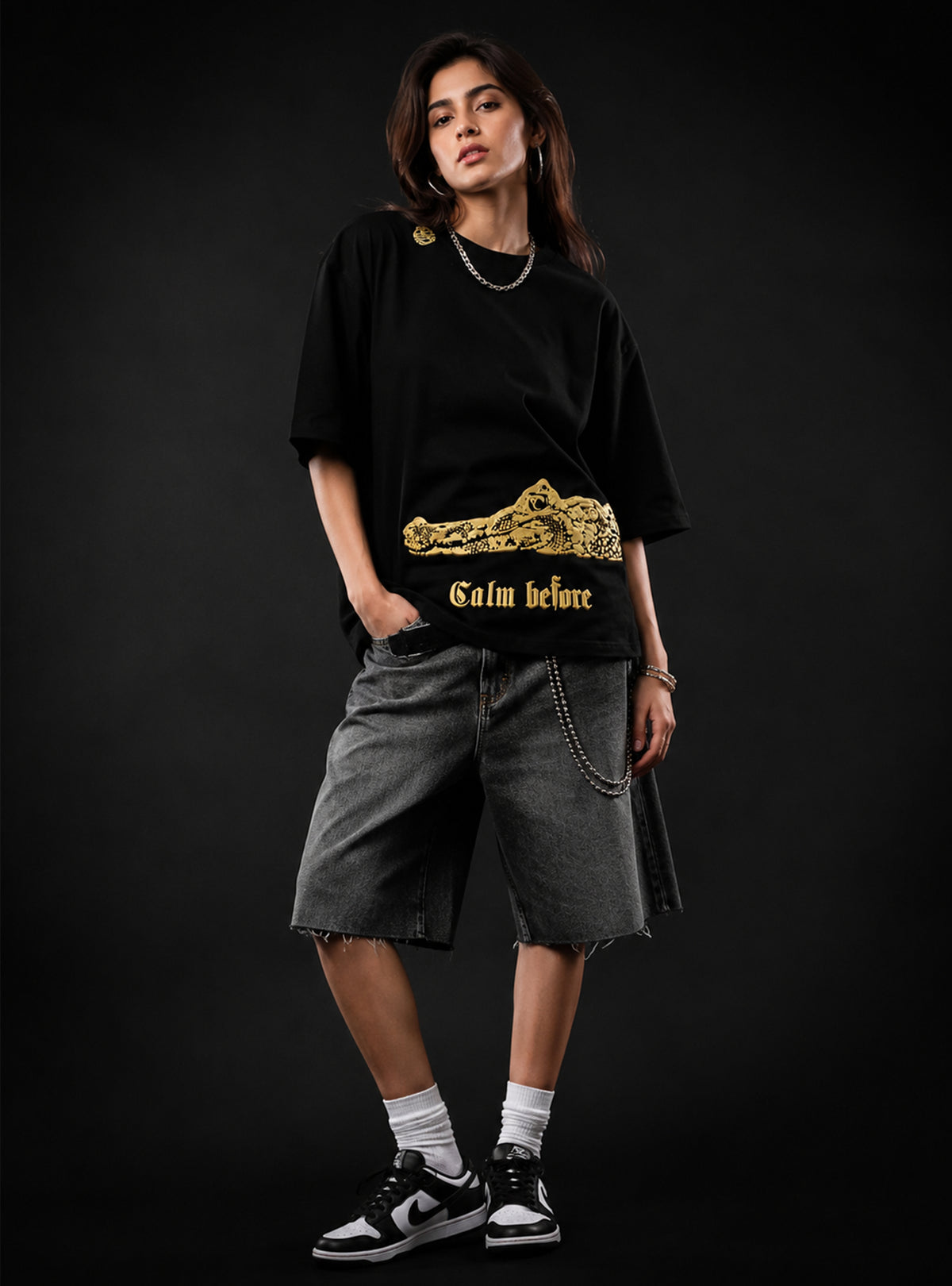 Black Crocodile Print Oversized Tshirt