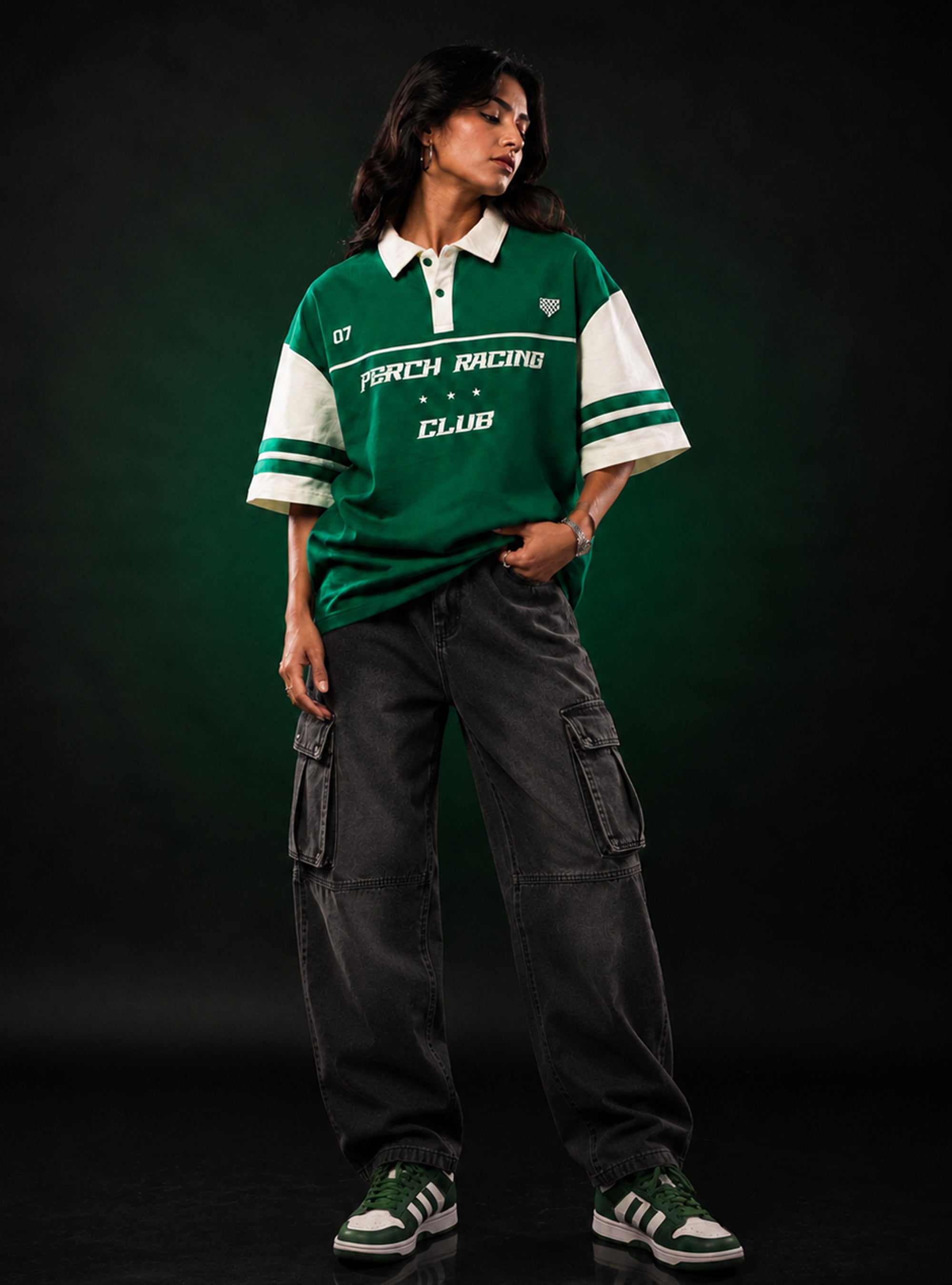 Forest Green Perch Racing Cotton Oversized Polo Tshirt for Men & Women