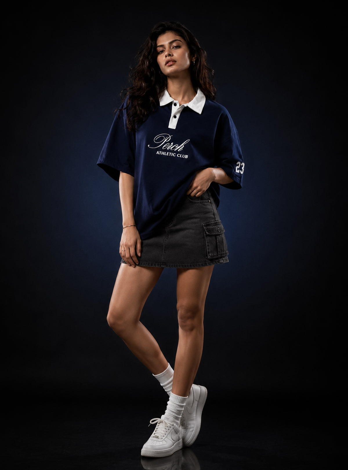 Navy Blue Perch Club Cotton Oversized Polo Tshirt for Men & Women