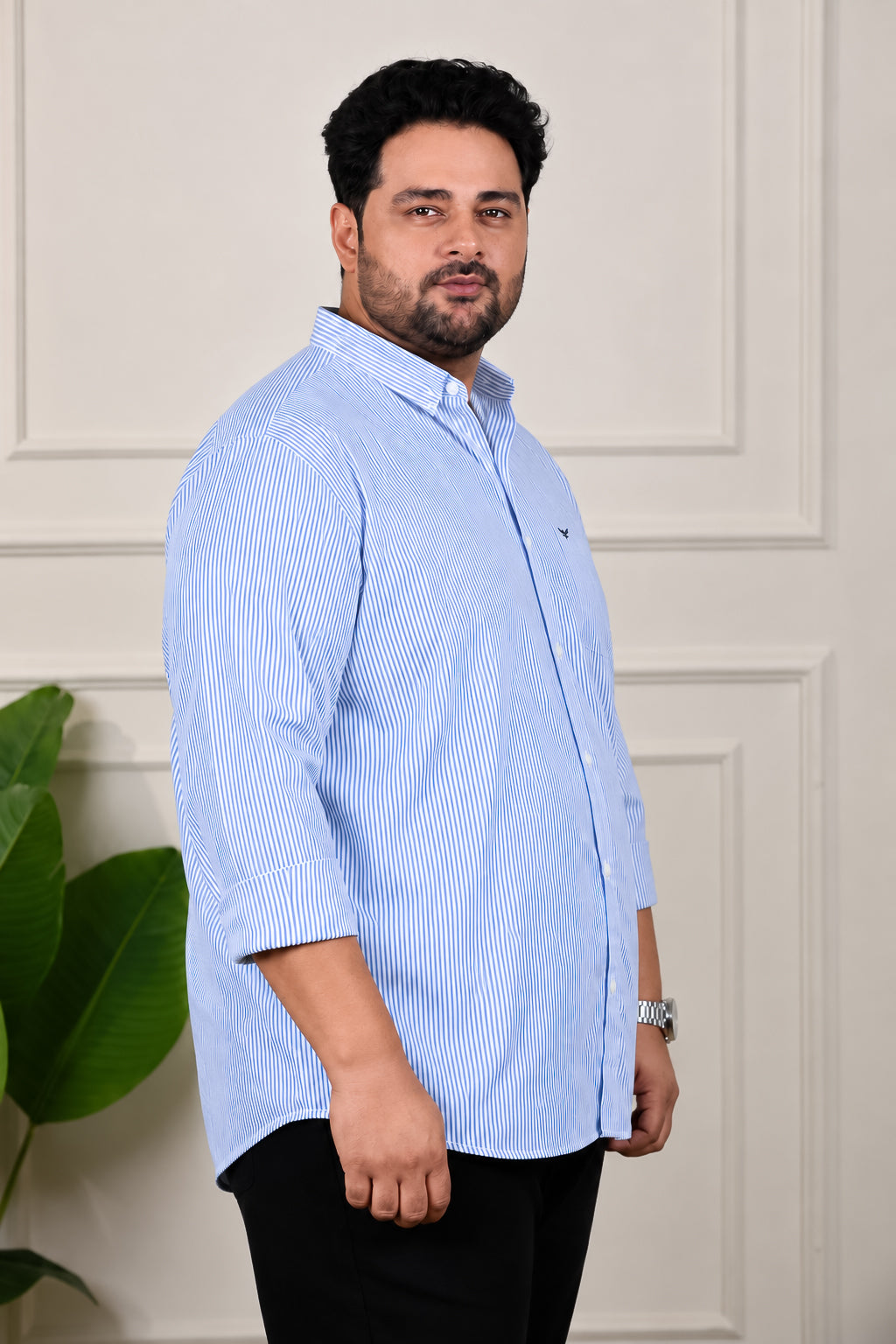 Navy Blue Striped Cotton Regular Fit Plus Size Shirt