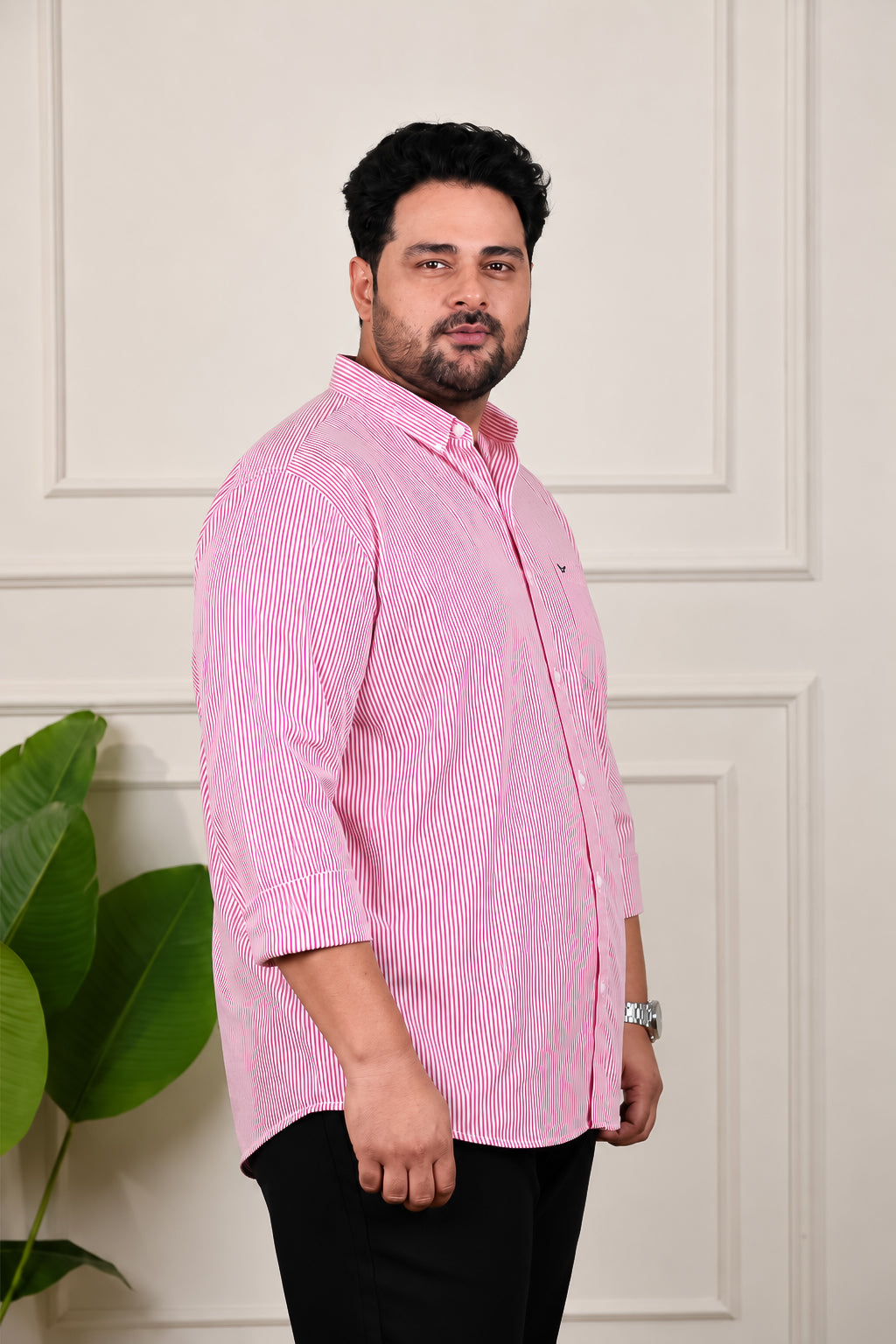 Red Striped Cotton Regular Fit Plus Size Shirt