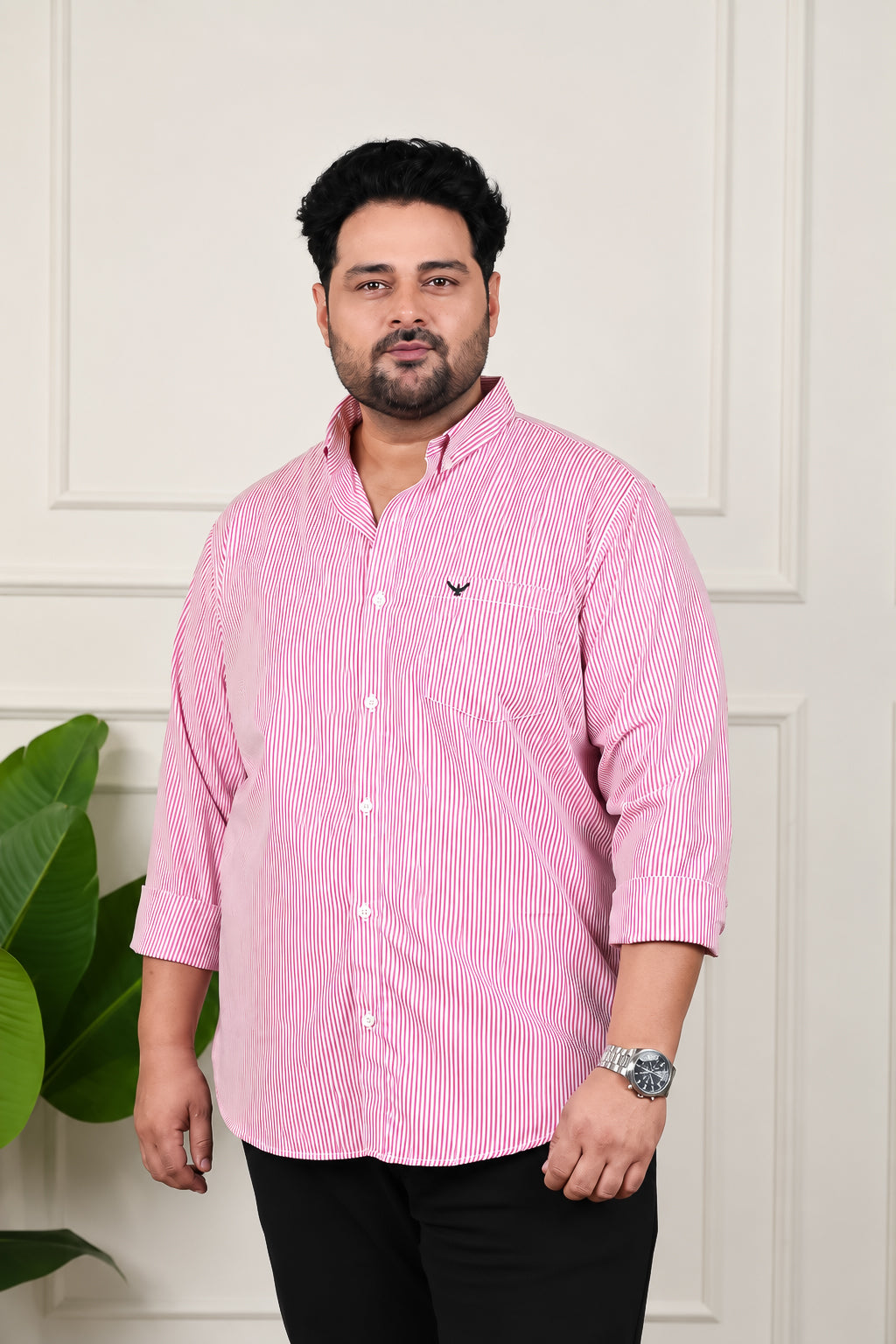 Red Striped Cotton Regular Fit Plus Size Shirt