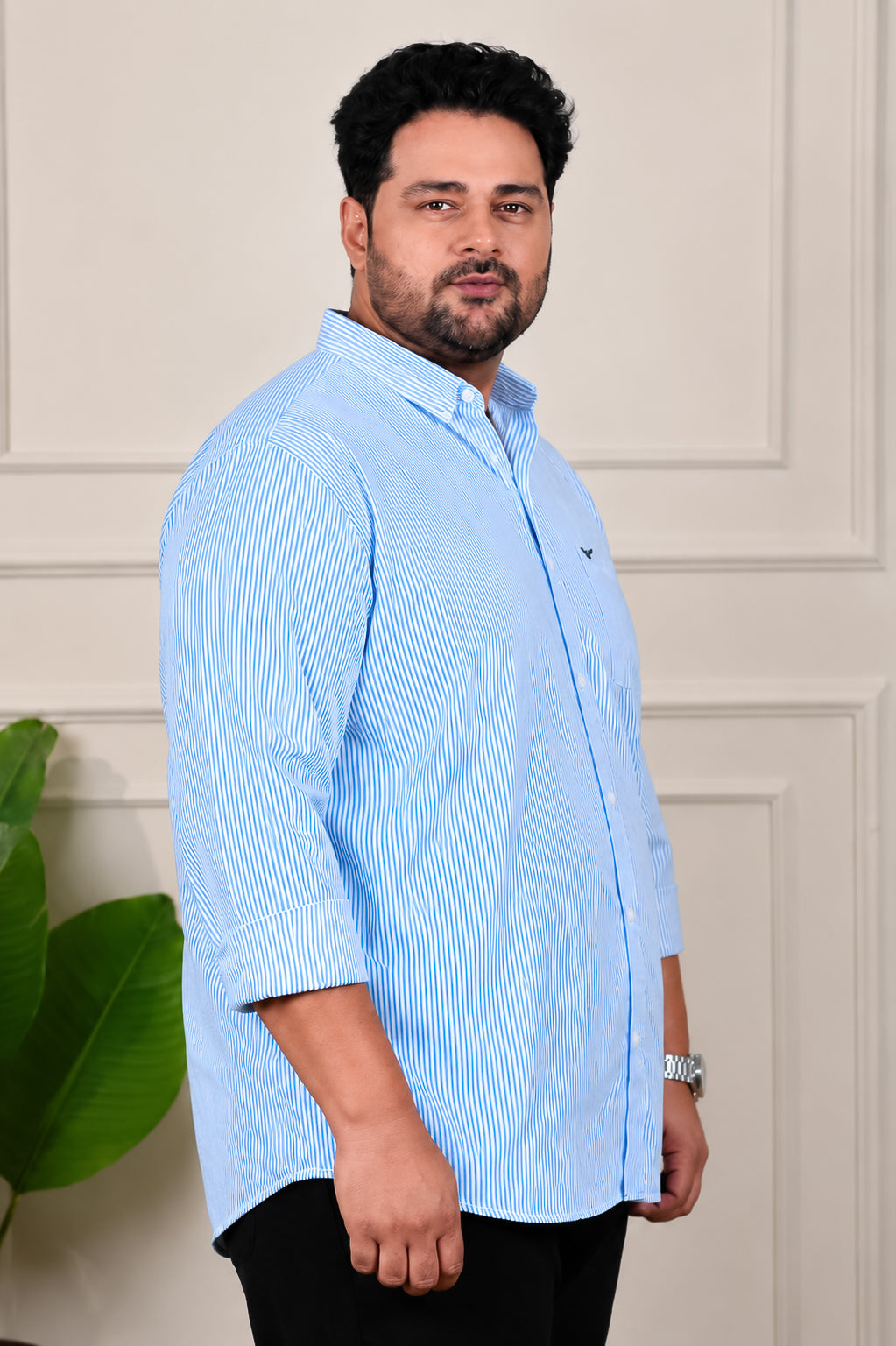 Sky Blue Striped Cotton Regular Fit Plus Size Shirt