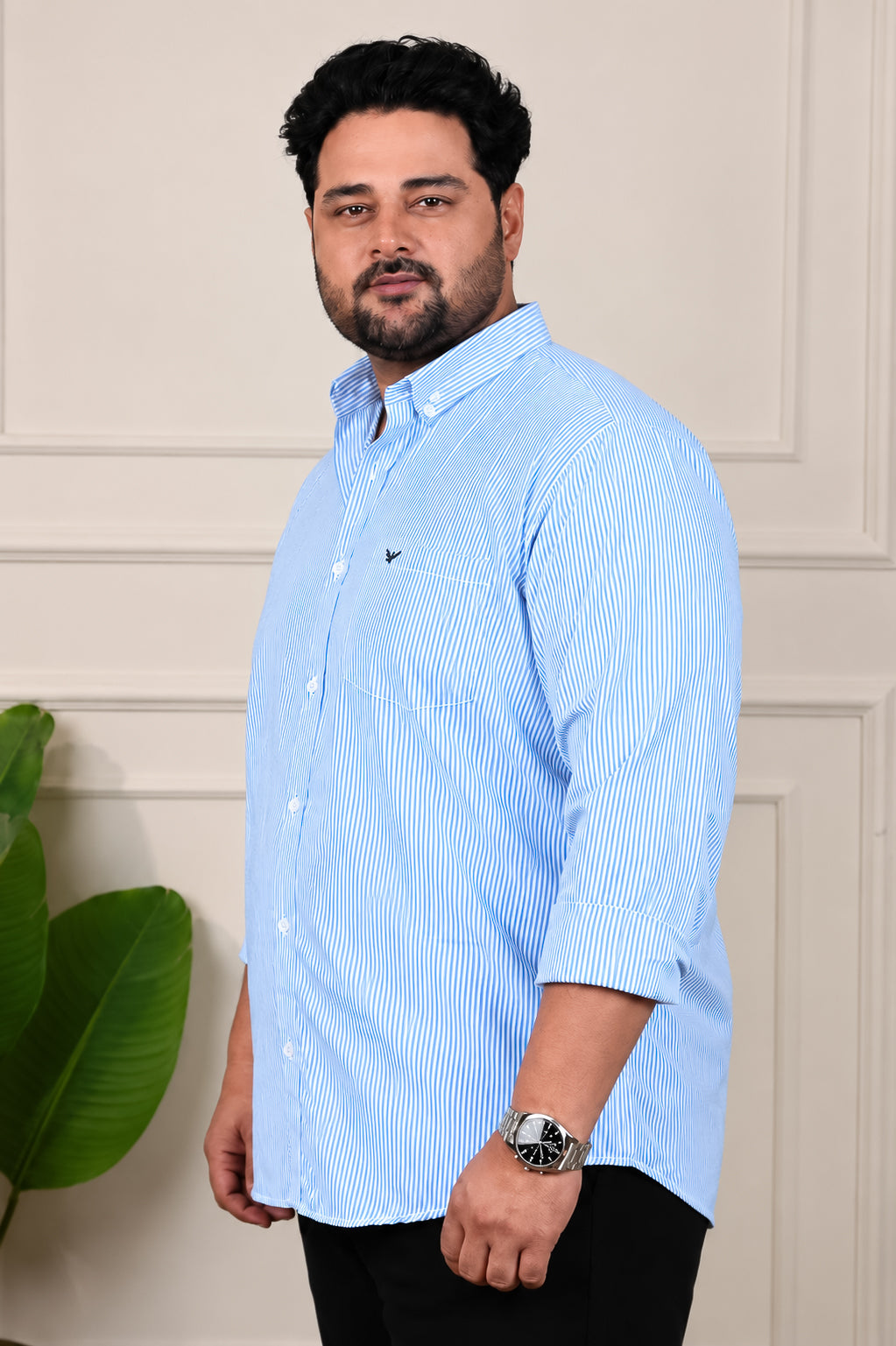 Sky Blue Striped Cotton Regular Fit Plus Size Shirt