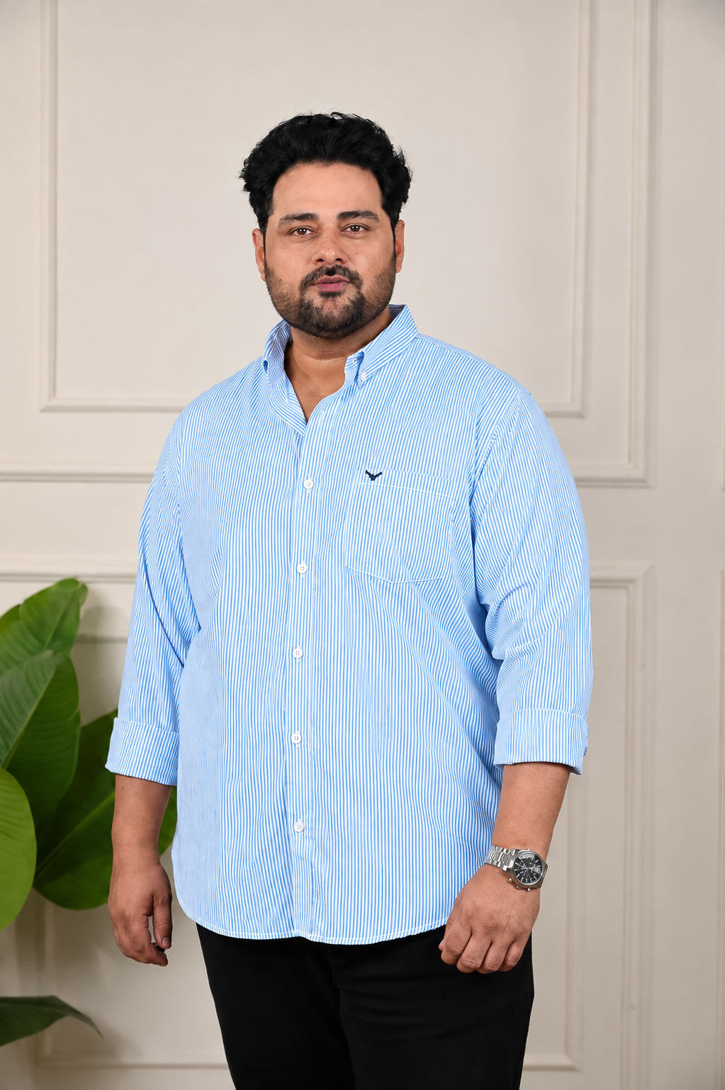 Sky Blue Striped Cotton Regular Fit Plus Size Shirt
