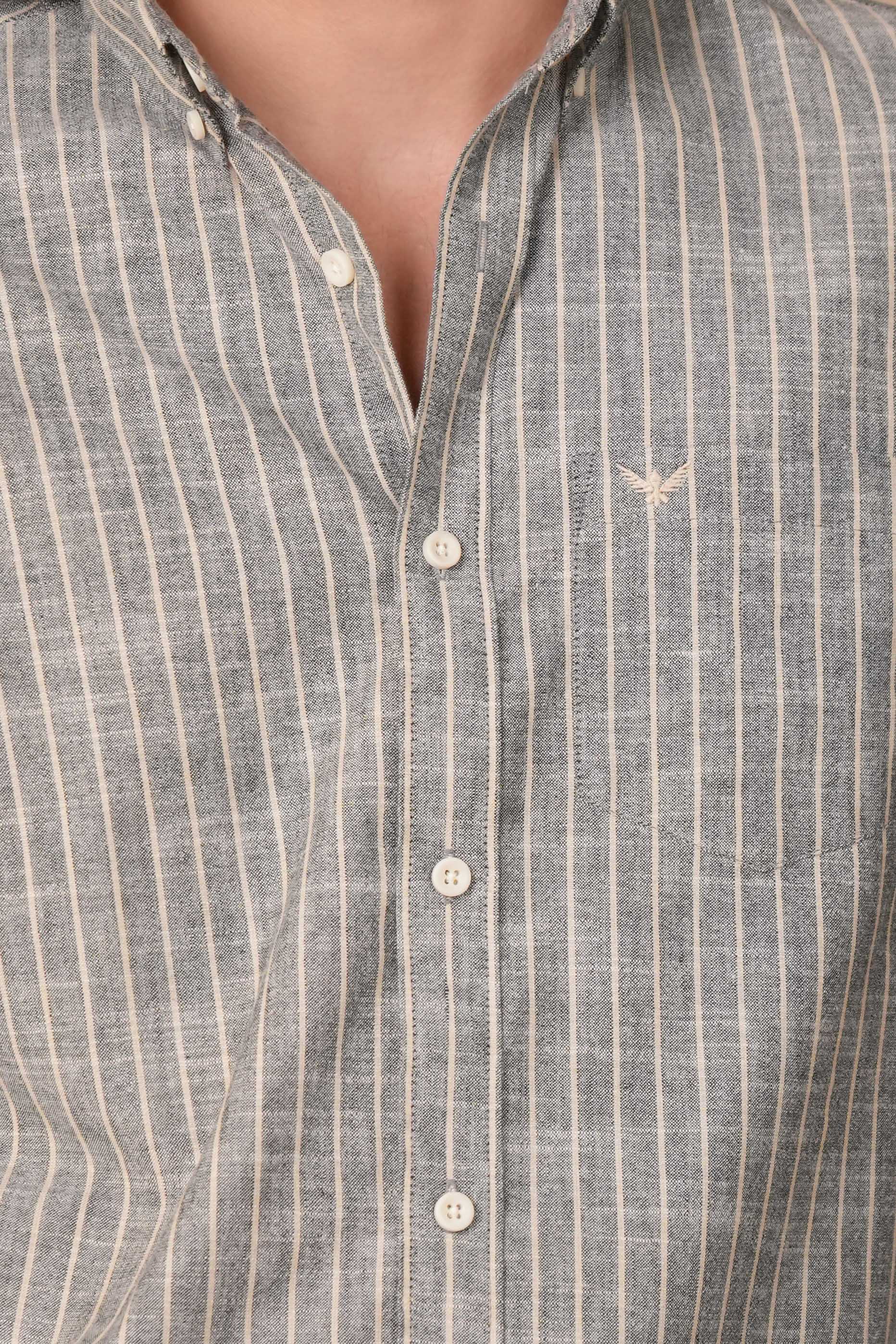 Dusty Grey Striped Pre-Washed Linen Cotton Slim Fit Shirt