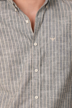 Dusty Grey Striped Pre-Washed Linen Cotton Slim Fit Shirt