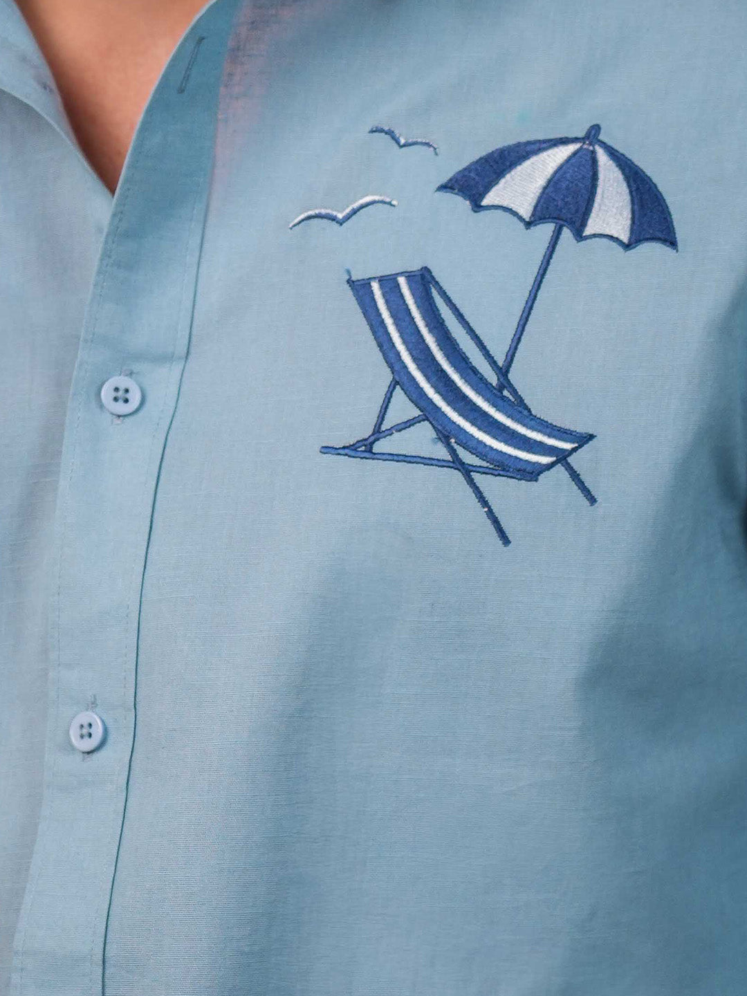 Aqua Blue Beach Chair Embroidery Linen Cotton Shirt