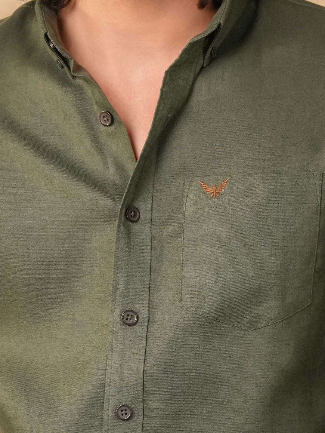Olive Green Solid Pre-Washed Linen Cotton Slim Fit Shirt