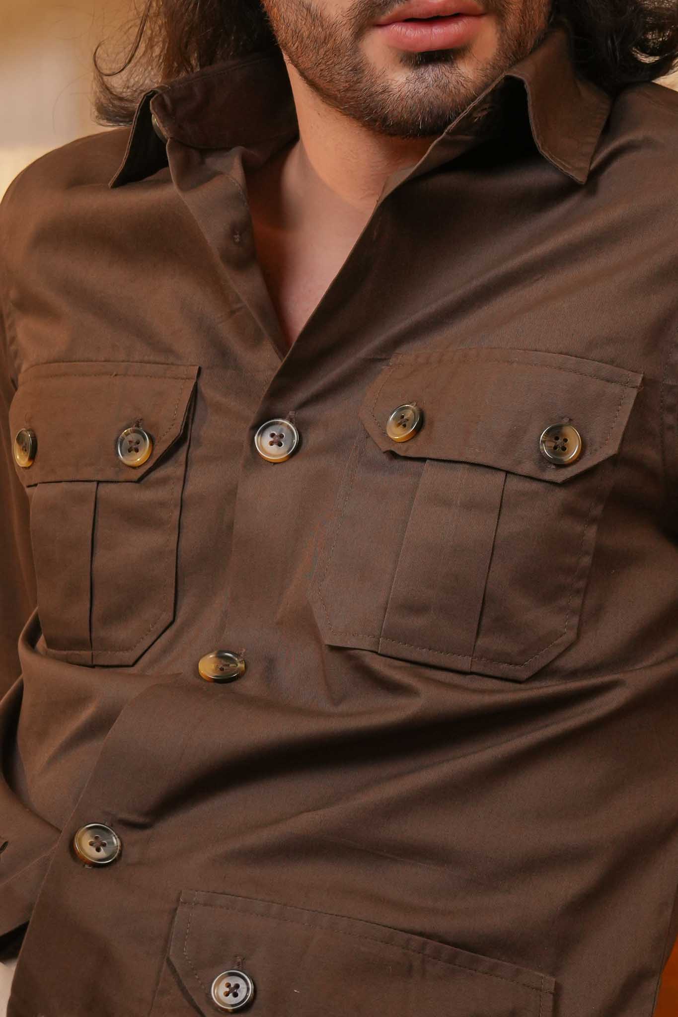 Brown Solid Heavy Cotton Twill Regular Fit Shirt For Men