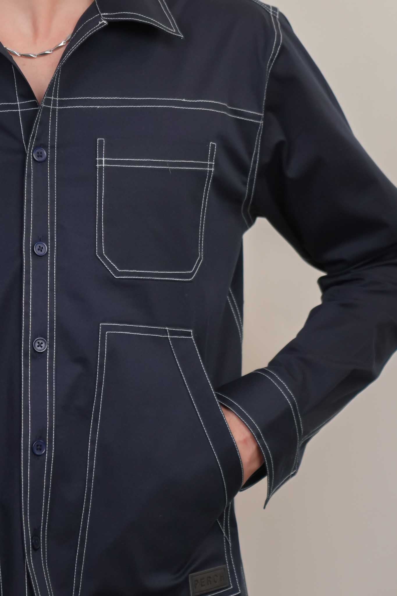 Navy Blue Solid Heavy Cotton Twill Boxy Fit Shirt For Men