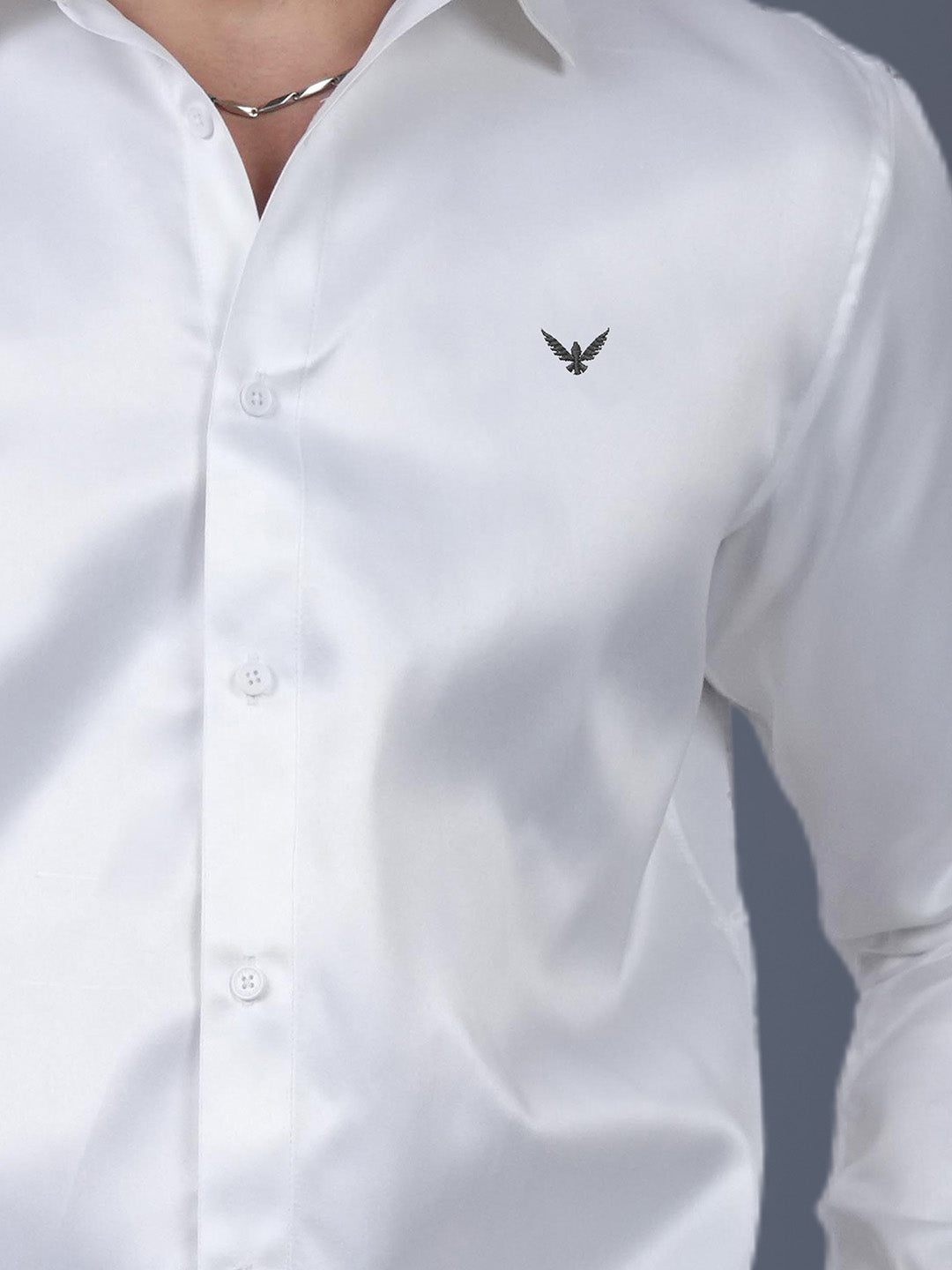 White Solid Cotton Satin Slim Fit Shirt