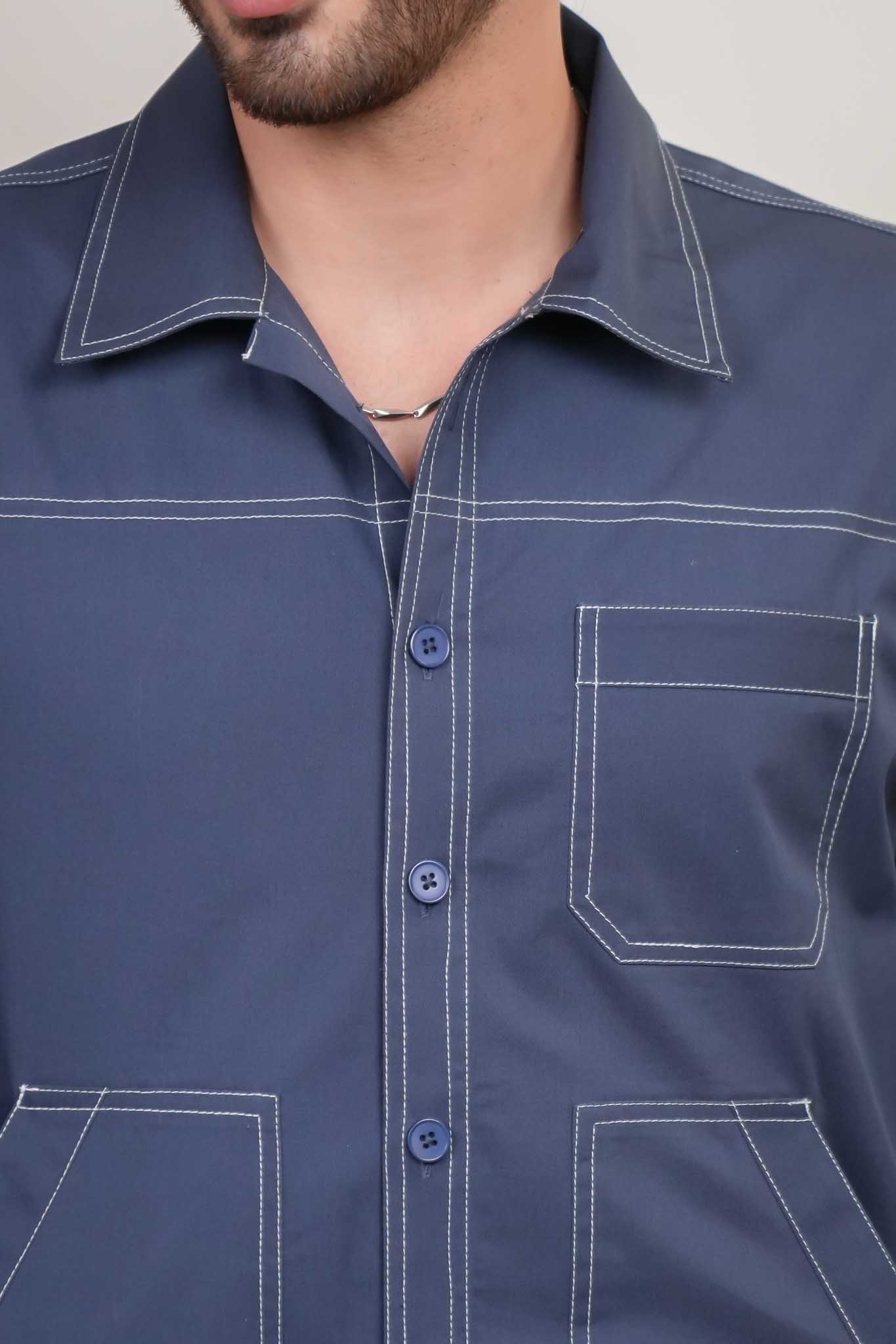 Slate Blue Solid Heavy Cotton Twill Boxy Fit Shirt For Men