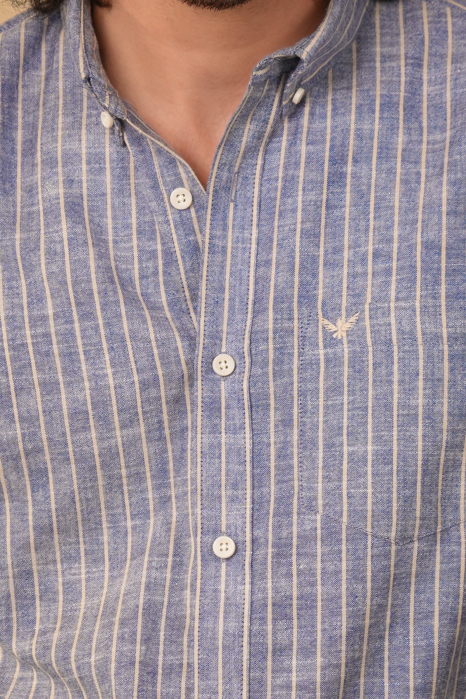Dusty Blue Striped Linen Cotton Slim Fit Shirt