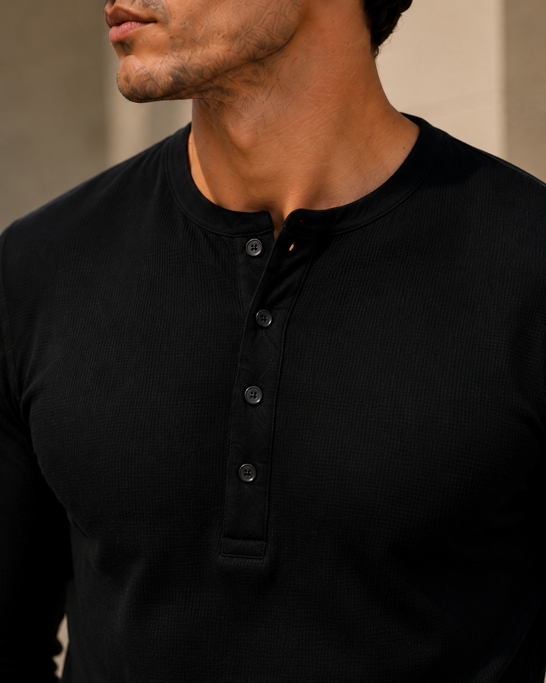 Black Waffle Henley Full Sleeve T-Shirt