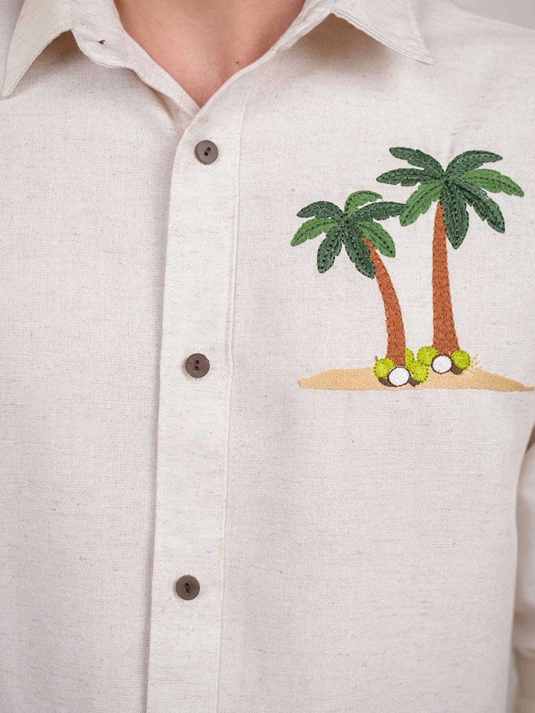 Beige Natural Grains Coconut Tree Embroidery Linen Cotton Shirt