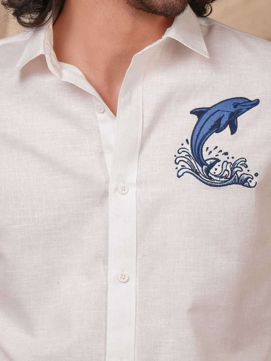 White Dolphin Embroidery Linen Cotton Shirt