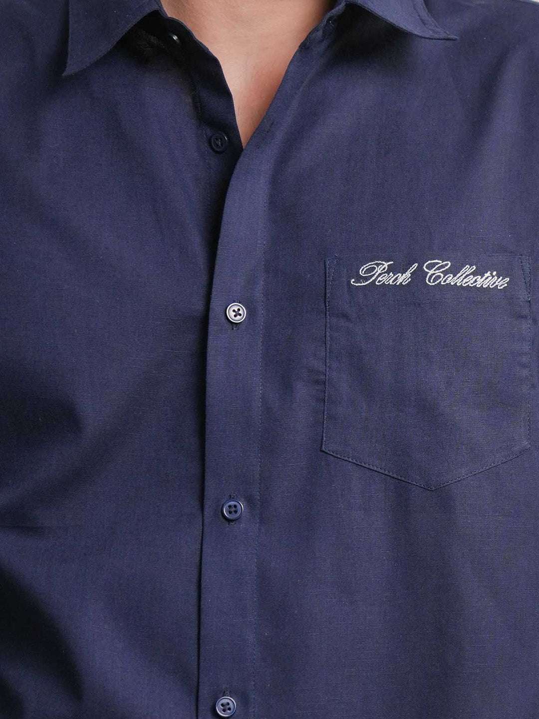 Navy Blue Solid Linen Cotton Boxy Fit Shirt
