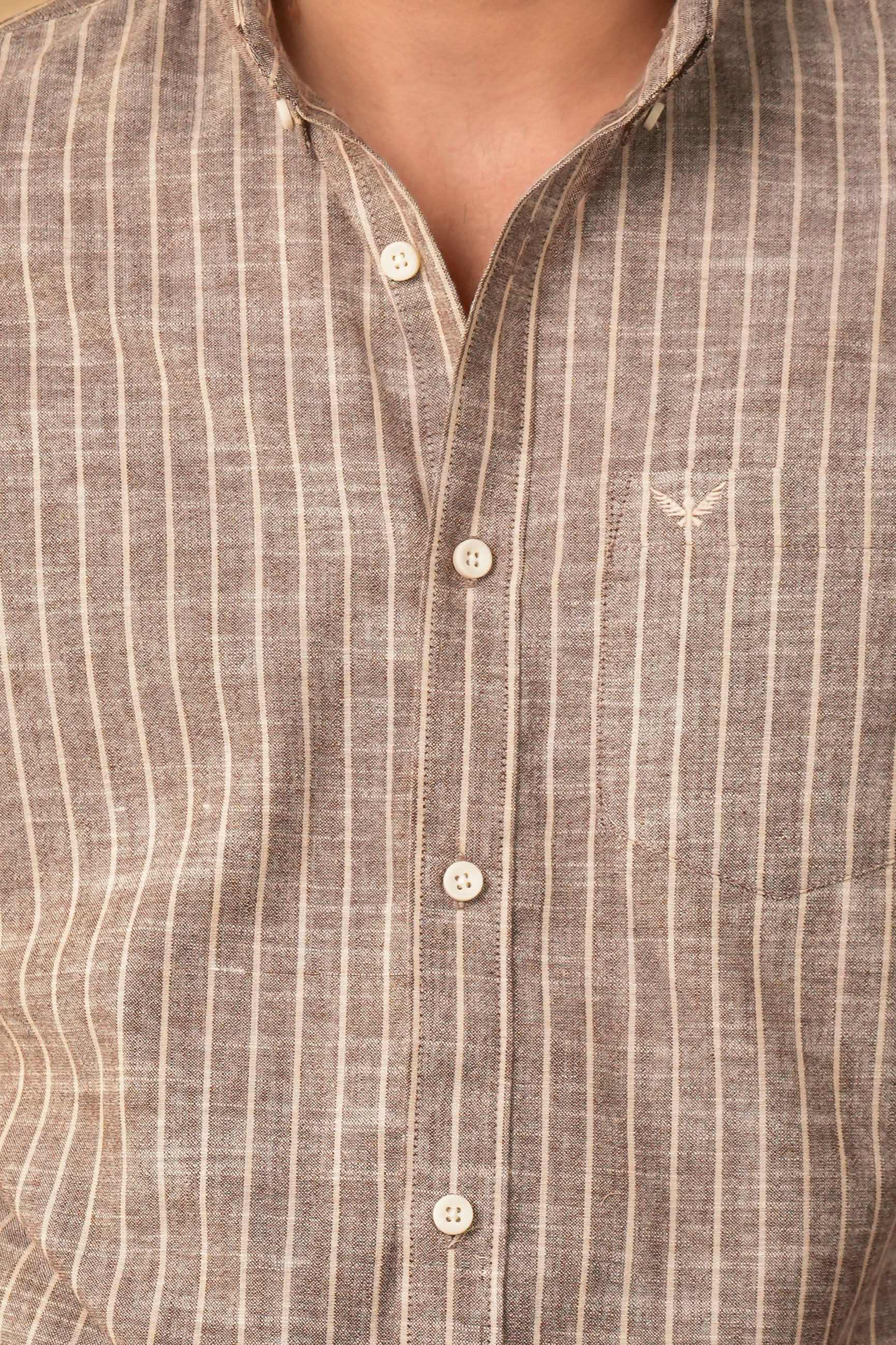 Dusty Brown Striped Pre-Washed Linen Cotton Slim Fit Shirt