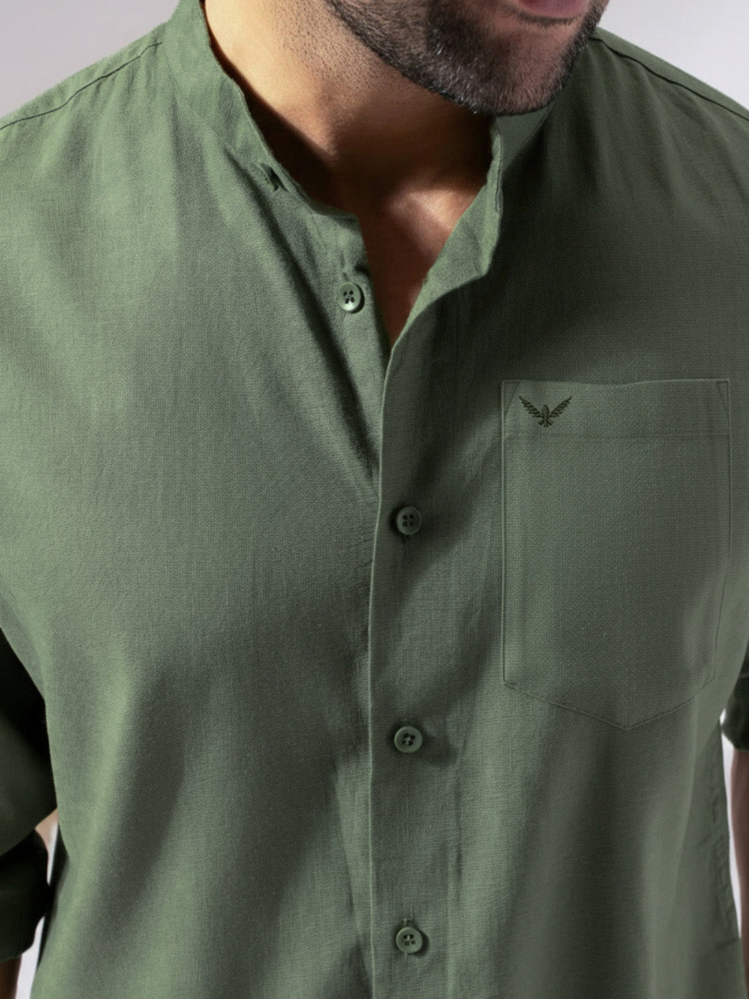 Green Band Collar Linen Blend Shirt