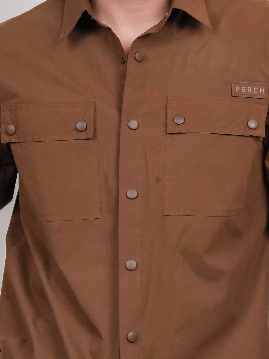 Brown Solid Heavy Cotton Poplin Snap button Boxy Fit Shirt